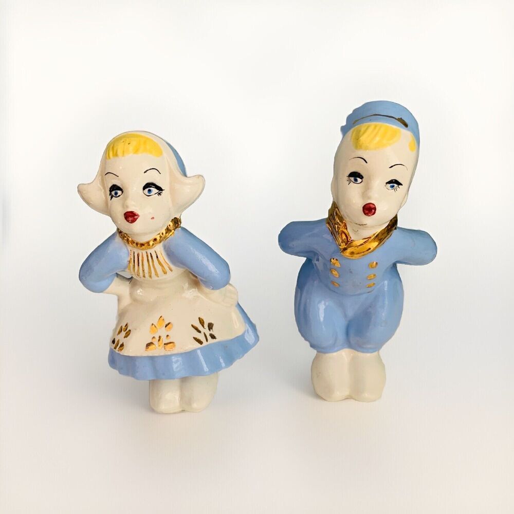 FJS Ceramic Dutch Boy and Milk Maid Kissing Ceramic 6 1/2" Figurines